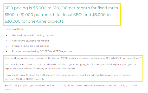 seo pricing example
